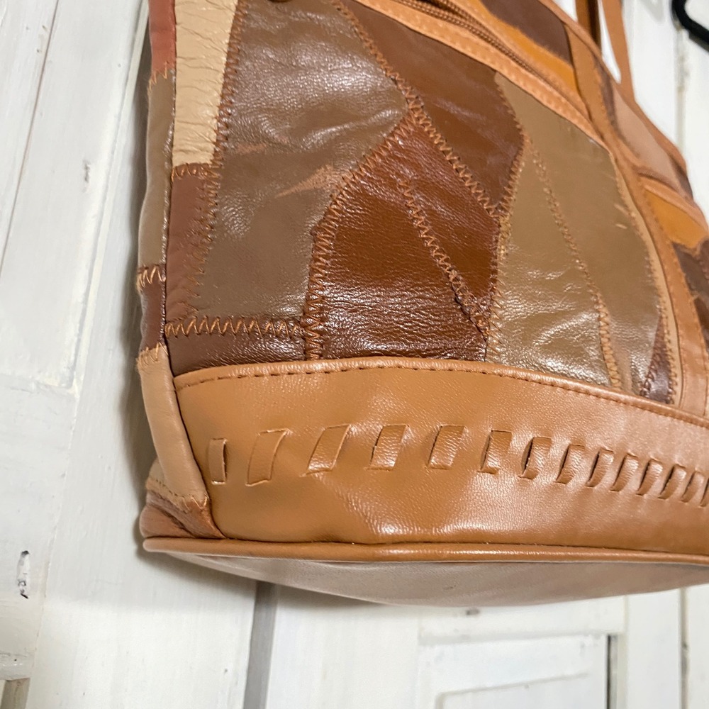 Vintage Patchwork Leather Tote Bag Brown Tan Boho Shoulder Bag Excellent Cond - Picture 7 of 12